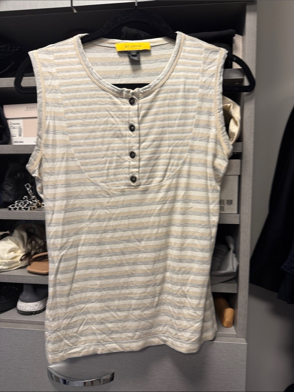 St. John Striped Sleeveless Henley Tank - Cream & Light Gray
